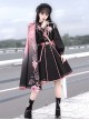 Sakura Theme Black Pink Gradient Sweet Cool Military Lolita Sweet Side Shoulder 3D Flowers Cloak Long Sleeves Dress Set