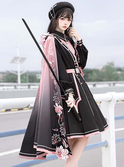 Sakura Theme Black Pink Gradient Sweet Cool Military Lolita Sweet Side Shoulder 3D Flowers Cloak Long Sleeves Dress Set