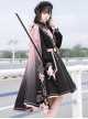 Sakura Theme Black Pink Gradient Sweet Cool Military Lolita Sweet Side Shoulder 3D Flowers Cloak Long Sleeves Dress Set