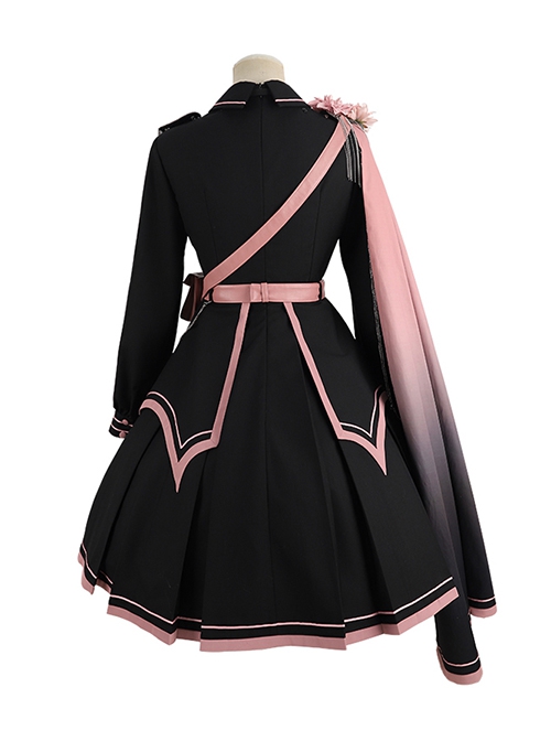 Sakura Theme Black Pink Gradient Sweet Cool Military Lolita Sweet Side Shoulder 3D Flowers Cloak Long Sleeves Dress Set