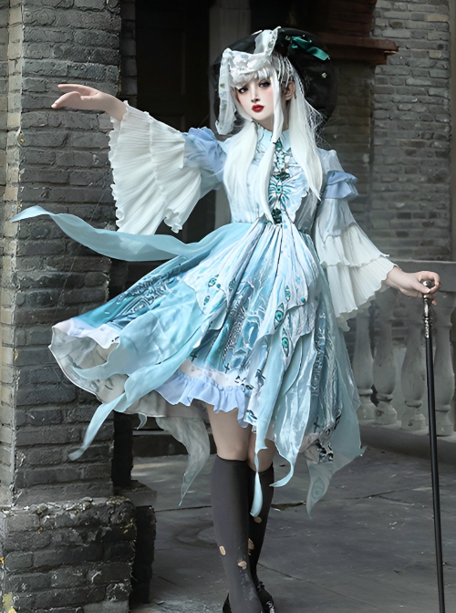 Cthulhu Mythos Azathoth Halloween Blue Eyeball Butterfly Fantasy Creatures Magic World Classic Lolita Long Sleeves Dresses Set