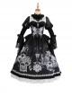 Feast Of Dry Bones Series Gothic Lolita Black White Sophisticated Gorgeous Lace Ruffles Butterfly Printing Puff Long Sleeves Dress Set