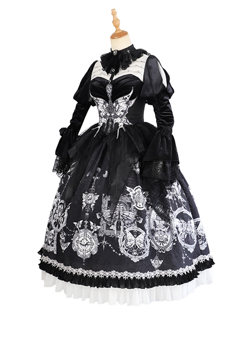 Feast Of Dry Bones Series Gothic Lolita Black White Sophisticated Gorgeous Lace Ruffles Butterfly Printing Puff Long Sleeves Dress Set