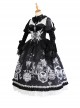 Feast Of Dry Bones Series Gothic Lolita Black White Sophisticated Gorgeous Lace Ruffles Butterfly Printing Puff Long Sleeves Dress Set