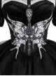 Feast Of Dry Bones Series Gothic Lolita Black White Sophisticated Gorgeous Lace Ruffles Butterfly Printing Puff Long Sleeves Dress Set