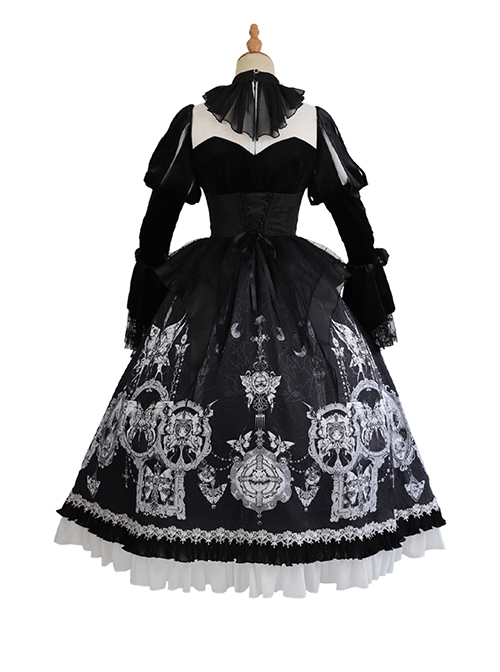 Feast Of Dry Bones Series Gothic Lolita Black White Sophisticated Gorgeous Lace Ruffles Butterfly Printing Puff Long Sleeves Dress Set