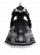 Feast Of Dry Bones Series Gothic Lolita Black White Sophisticated Gorgeous Lace Ruffles Butterfly Printing Puff Long Sleeves Dress Set