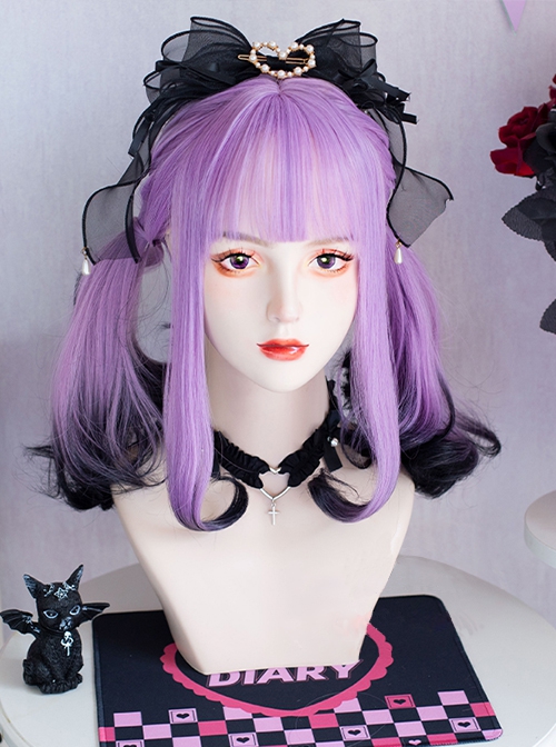 Purple Black Gradient Dyed Halloween Succubas Gothic Sweet Cool Subculture Y2K Simulation Middle Long Wigs