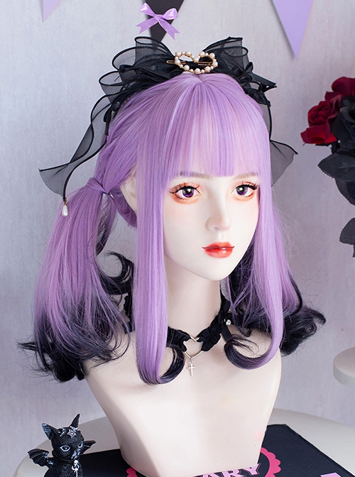 Purple Black Gradient Dyed Halloween Succubas Gothic Sweet Cool Subculture Y2K Simulation Middle Long Wigs