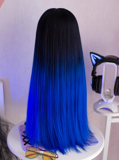 Klein Blue Fashionable Black Blue Gradient Dyed Daily Matte Sweet Cool Hot Girl Long Straight Wigs