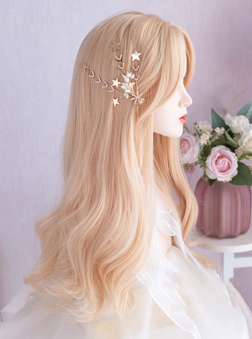 Light Golden Sweet Cute Mid Split Fluffy Matte S Shape Hair Seam Simulated Large Scalp Long Curly Wig