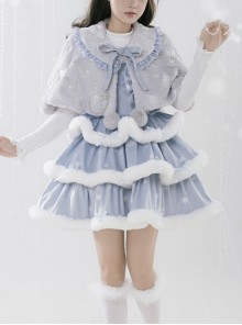 Painting Dreams Carol In Snow Series Winter Cute Ice Blue Bowknot Lace Plush Small Cloak Snowflake Print Sweet Lolita Dress JSK Set