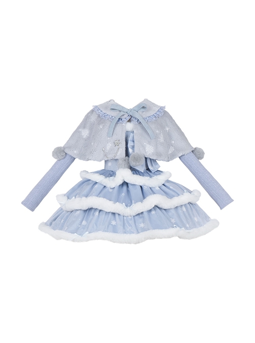 Painting Dreams Carol In Snow Series Winter Cute Ice Blue Bowknot Lace Plush Small Cloak Snowflake Print Sweet Lolita Dress JSK Set