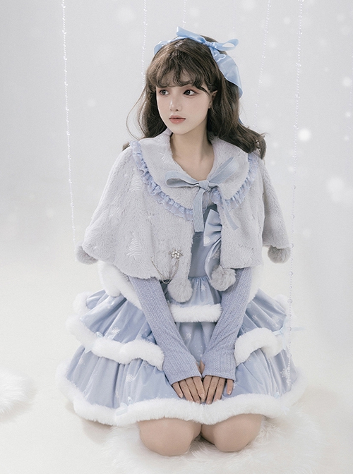 Painting Dreams Carol In Snow Series Winter Cute Ice Blue Bowknot Lace Plush Small Cloak Snowflake Print Sweet Lolita Dress JSK Set