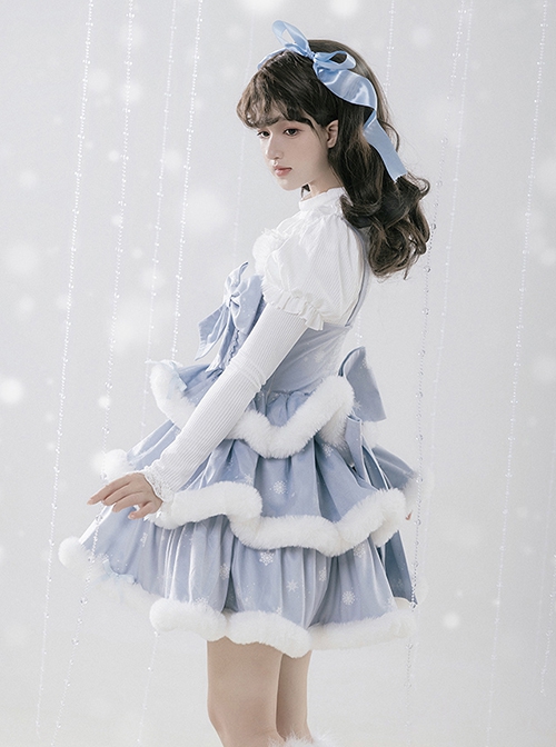 Painting Dreams Carol In Snow Series Winter Cute Ice Blue Bowknot Lace Plush Small Cloak Snowflake Print Sweet Lolita Dress JSK Set