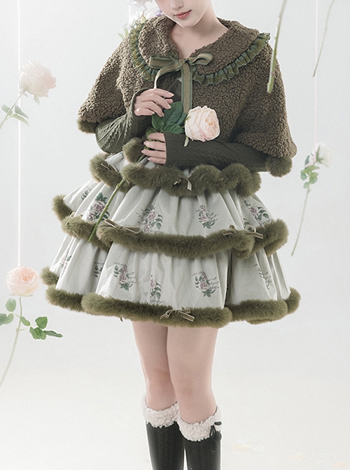 Painting Dreams Forest Elf Series Morandi Forest Green Plush Little Cape Elegant Sweet Multi-Tiered Fluffy Sweet Lolita Dress JSK Set