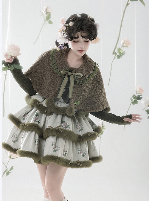 Painting Dreams Forest Elf Series Morandi Forest Green Plush Little Cape Elegant Sweet Multi-Tiered Fluffy Sweet Lolita Dress JSK Set