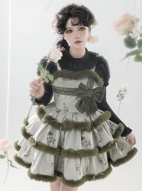 Painting Dreams Forest Elf Series Morandi Forest Green Plush Little Cape Elegant Sweet Multi-Tiered Fluffy Sweet Lolita Dress JSK Set