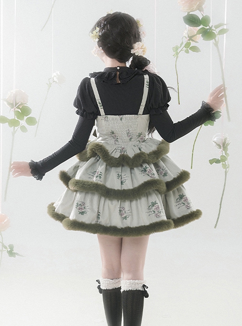 Painting Dreams Forest Elf Series Morandi Forest Green Plush Little Cape Elegant Sweet Multi-Tiered Fluffy Sweet Lolita Dress JSK Set