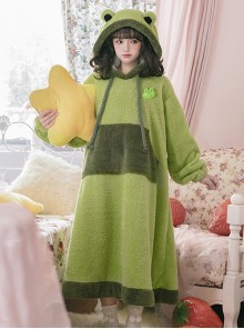 Tuantuan Series Grass Green Thickened Double-Sided Velvet Big Pocket Cute Frog Home Wear Soft Autumn Winter Kawaii Fashion Loose Hooded Nightdress OP