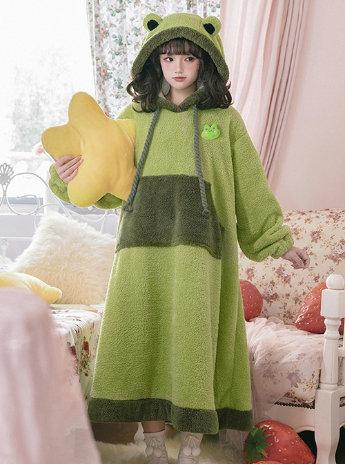 Tuantuan Series Grass Green Thickened Double-Sided Velvet Big Pocket Cute Frog Home Wear Soft Autumn Winter Kawaii Fashion Loose Hooded Nightdress OP