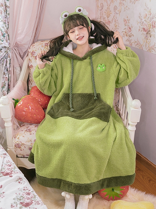 Tuantuan Series Grass Green Thickened Double-Sided Velvet Big Pocket Cute Frog Home Wear Soft Autumn Winter Kawaii Fashion Loose Hooded Nightdress OP