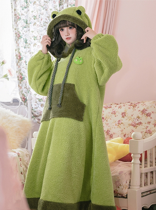 Tuantuan Series Grass Green Thickened Double-Sided Velvet Big Pocket Cute Frog Home Wear Soft Autumn Winter Kawaii Fashion Loose Hooded Nightdress OP