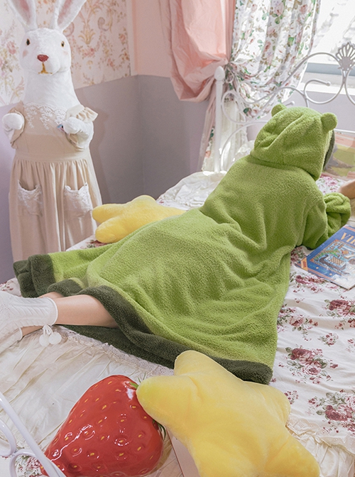 Tuantuan Series Grass Green Thickened Double-Sided Velvet Big Pocket Cute Frog Home Wear Soft Autumn Winter Kawaii Fashion Loose Hooded Nightdress OP