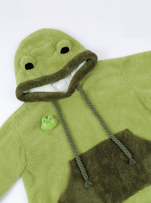 Tuantuan Series Grass Green Thickened Double-Sided Velvet Big Pocket Cute Frog Home Wear Soft Autumn Winter Kawaii Fashion Loose Hooded Nightdress OP