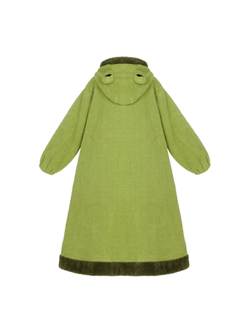 Tuantuan Series Grass Green Thickened Double-Sided Velvet Big Pocket Cute Frog Home Wear Soft Autumn Winter Kawaii Fashion Loose Hooded Nightdress OP