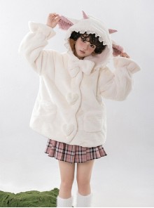 Winter Kawaii Fashion Milk White Cute Petal Lace Placket Pink Little Lamb Ears Hooded Plush Love Button Bowknot Coat