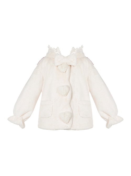 Winter Kawaii Fashion Milk White Cute Petal Lace Placket Pink Little Lamb Ears Hooded Plush Love Button Bowknot Coat