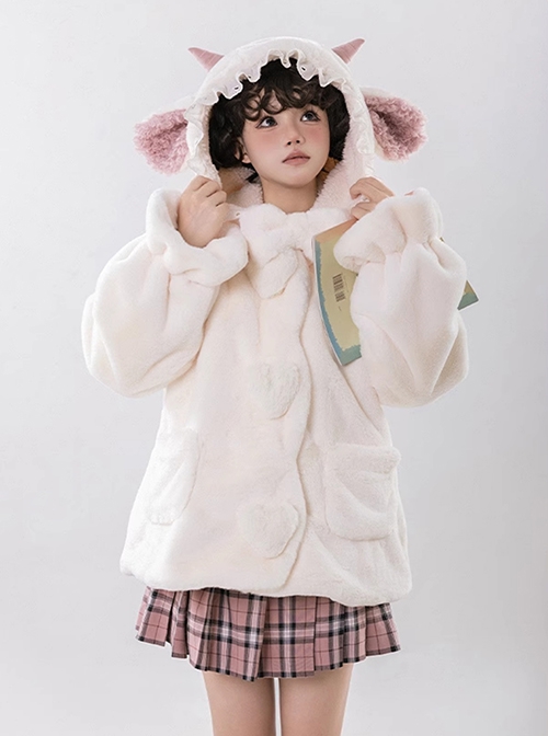 Winter Kawaii Fashion Milk White Cute Petal Lace Placket Pink Little Lamb Ears Hooded Plush Love Button Bowknot Coat