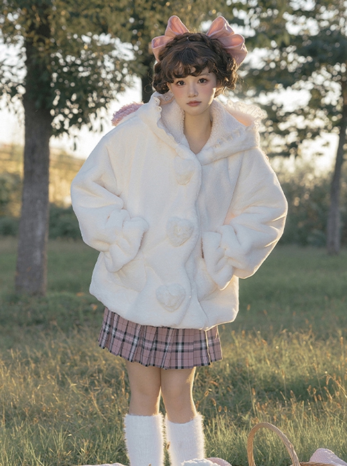 Winter Kawaii Fashion Milk White Cute Petal Lace Placket Pink Little Lamb Ears Hooded Plush Love Button Bowknot Coat