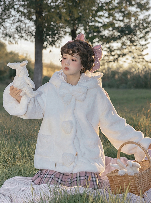 Winter Kawaii Fashion Milk White Cute Petal Lace Placket Pink Little Lamb Ears Hooded Plush Love Button Bowknot Coat