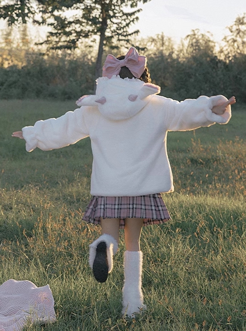 Winter Kawaii Fashion Milk White Cute Petal Lace Placket Pink Little Lamb Ears Hooded Plush Love Button Bowknot Coat