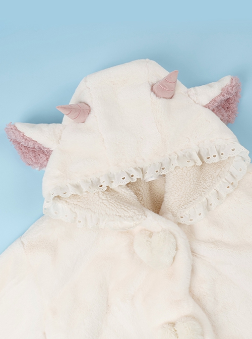 Winter Kawaii Fashion Milk White Cute Petal Lace Placket Pink Little Lamb Ears Hooded Plush Love Button Bowknot Coat