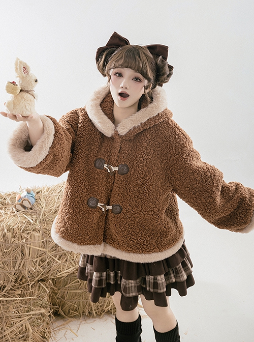 Red Panda Series Cute Daily Brown Warm Velvet Thickened Autumn Winter Warm Long Tail Sweet Lolita Hooded Coat