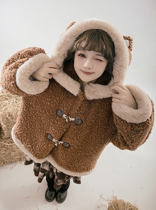 Red Panda Series Cute Daily Brown Warm Velvet Thickened Autumn Winter Warm Long Tail Sweet Lolita Hooded Coat