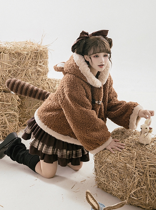 Red Panda Series Cute Daily Brown Warm Velvet Thickened Autumn Winter Warm Long Tail Sweet Lolita Hooded Coat