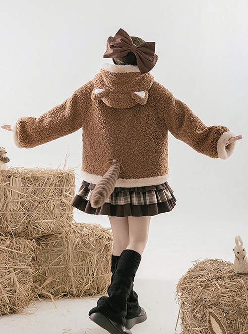 Red Panda Series Cute Daily Brown Warm Velvet Thickened Autumn Winter Warm Long Tail Sweet Lolita Hooded Coat