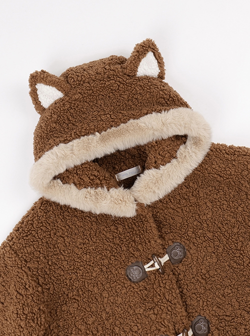 Red Panda Series Cute Daily Brown Warm Velvet Thickened Autumn Winter Warm Long Tail Sweet Lolita Hooded Coat