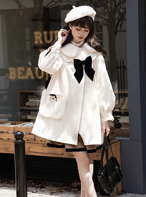 First Snow Series Asymmetrical Design Milky White Plush Petal Lapel Collar Lantern Sleeves Black Velvet Bow Loose Classic Lolita Coat