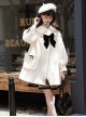 First Snow Series Asymmetrical Design Milky White Plush Petal Lapel Collar Lantern Sleeves Black Velvet Bow Loose Classic Lolita Coat