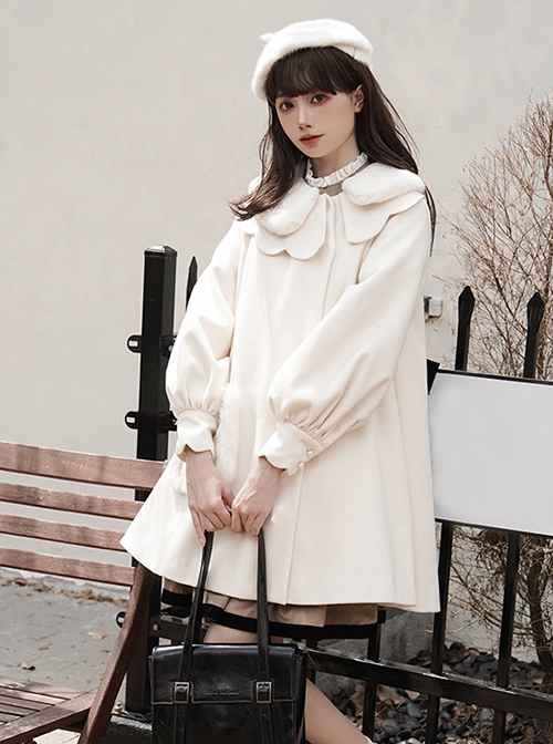 First Snow Series Asymmetrical Design Milky White Plush Petal Lapel Collar Lantern Sleeves Black Velvet Bow Loose Classic Lolita Coat