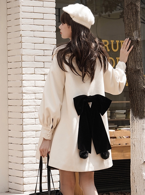 First Snow Series Asymmetrical Design Milky White Plush Petal Lapel Collar Lantern Sleeves Black Velvet Bow Loose Classic Lolita Coat