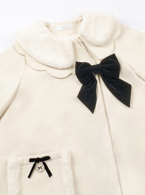 First Snow Series Asymmetrical Design Milky White Plush Petal Lapel Collar Lantern Sleeves Black Velvet Bow Loose Classic Lolita Coat