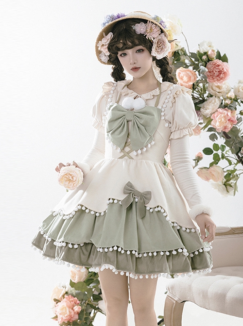 Autumn Winter Special Edition Multicolor Splicing Design Big Bowknot Cute Fur Ball Plaid Snow White Matcha Sweet Lolita sleeveless Dress JSK