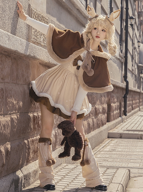 Fluffy Deer Series Warm Brown 3D Small Antlers Fur Ball Bell Bowknot Tie Sleeveless Bud Dress JSK Woolen Cloak Leg Sleeves Set