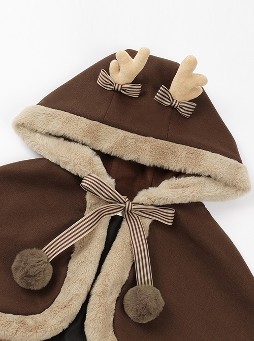 Fluffy Deer Series Warm Brown 3D Small Antlers Fur Ball Bell Bowknot Tie Sleeveless Bud Dress JSK Woolen Cloak Leg Sleeves Set